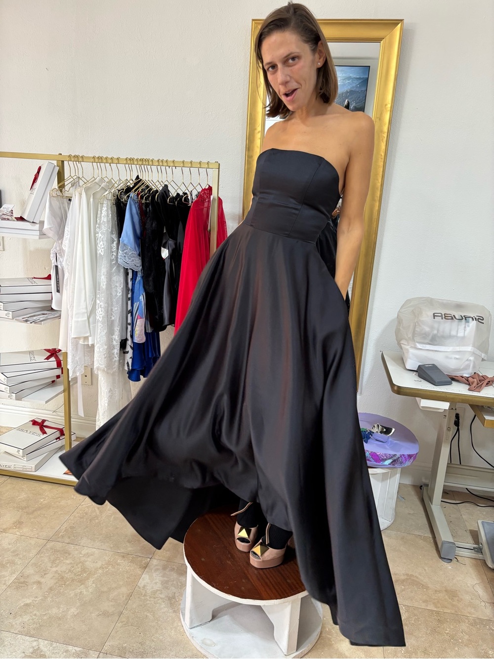 Strapless Black Satin A-Line Evening Dress - Picture 3 of 7